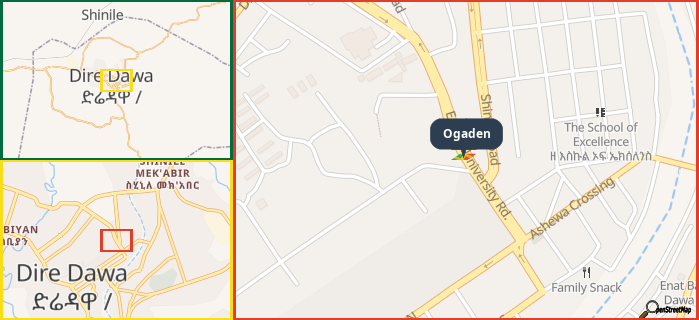 Map showing the address of Ogaden in three different zoom levels.