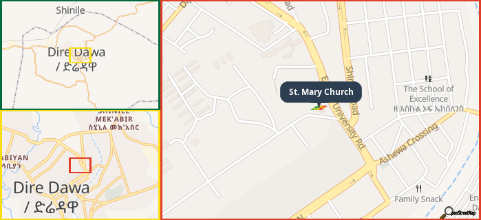 Map showing the address of St. Mary Church in three different zoom levels.