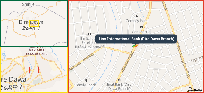 Map showing the address of Lion International Bank (Dire Dawa Branch) in three different zoom levels.