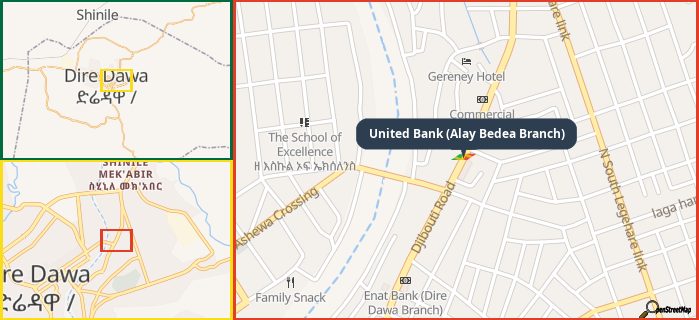 Map showing the address of United Bank (Alay Bedea Branch) in three different zoom levels.
