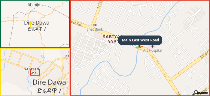 Map showing the address of Main East West Road in three different zoom levels.