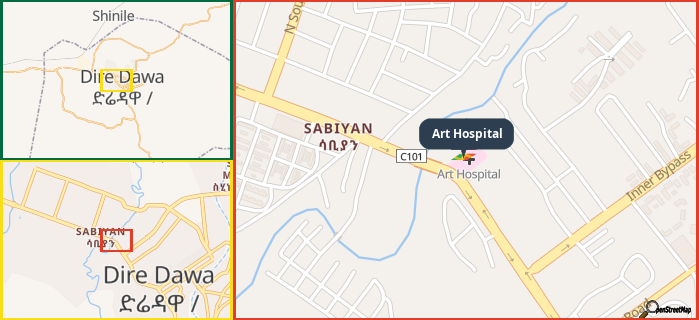 Map showing the address of Art Hospital in three different zoom levels.