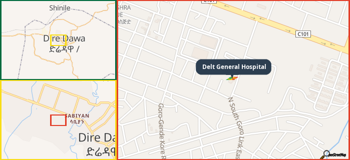 Map showing the address of Delt General Hospital in three different zoom levels.