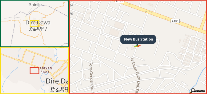 Map showing the address of New Bus Station in three different zoom levels.