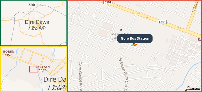 Map showing the address of Goro Bus Station in three different zoom levels.