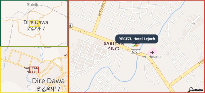 Map showing the address of YEGEZU Hotel Lejoch in three different zoom levels.