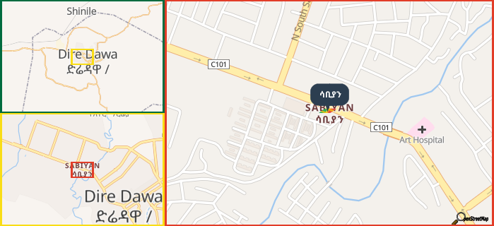Map showing the address of ሳቢያን in three different zoom levels.