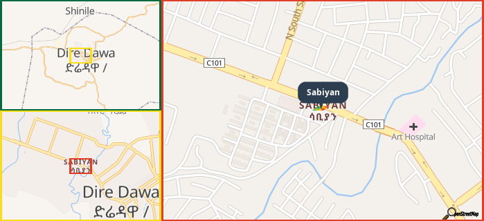 Map showing the address of Sabiyan in three different zoom levels.