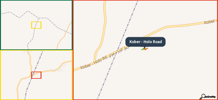 Map showing the address of Kober - Holo Road in three different zoom levels.