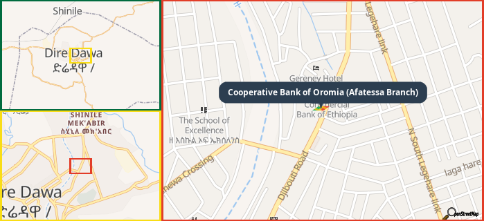 Map showing the address of Cooperative Bank of Oromia (Afatessa Branch) in three different zoom levels.