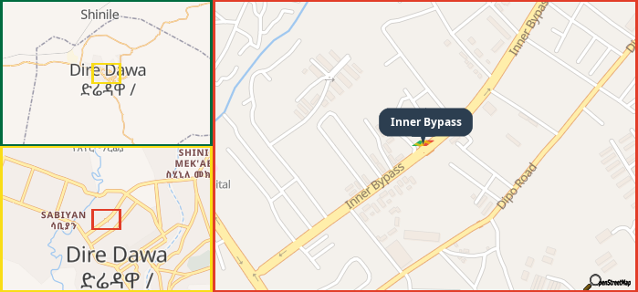 Map showing the address of Inner Bypass in three different zoom levels.