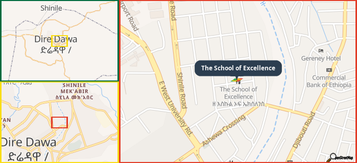 Map showing the address of The School of Excellence in three different zoom levels.