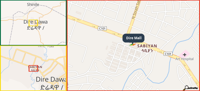 Map showing the address of Dire Mall in three different zoom levels.