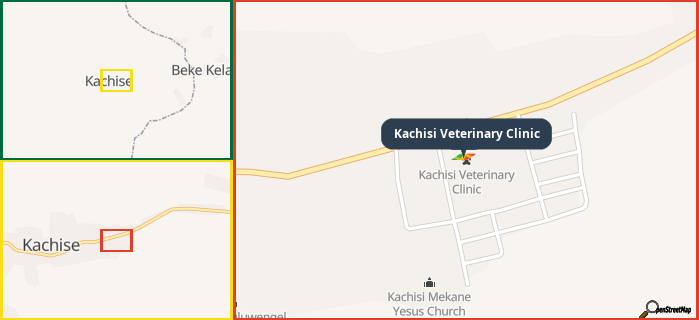 Map showing the address of Kachisi Veterinary Clinic in three different zoom levels.