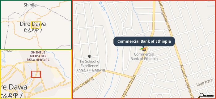 Map showing the address of Commercial Bank of Ethiopia in three different zoom levels.