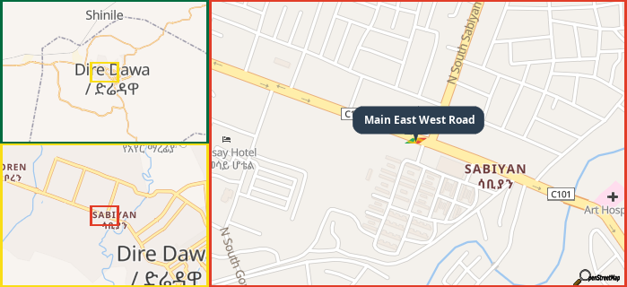 Map showing the address of Main East West Road in three different zoom levels.