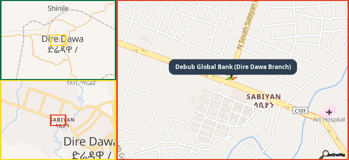 Map showing the address of Debub Global Bank (Dire Dawa Branch) in three different zoom levels.