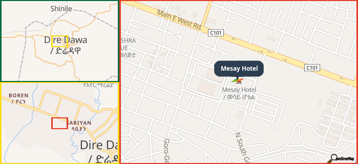 Map showing the address of Mesay Hotel in three different zoom levels.
