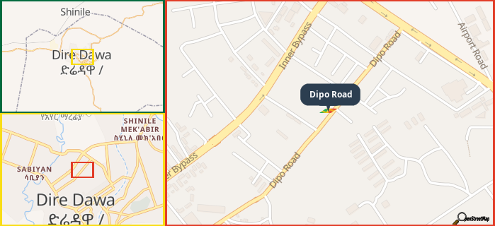 Map showing the address of Dipo Road in three different zoom levels.