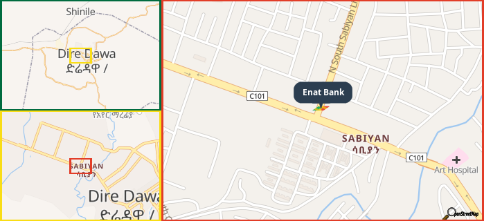 Map showing the address of Enat Bank in three different zoom levels.