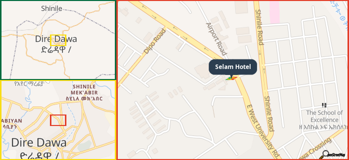 Map showing the address of Selam Hotel in three different zoom levels.