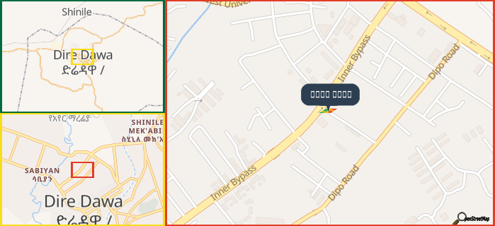 Map showing the address of 디레다와 풀가스펠 in three different zoom levels.