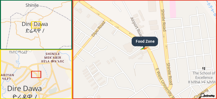Map showing the address of Food Zone in three different zoom levels.