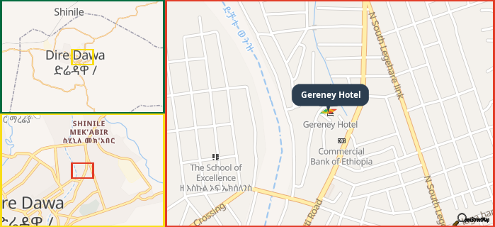 Map showing the address of Gereney Hotel in three different zoom levels.