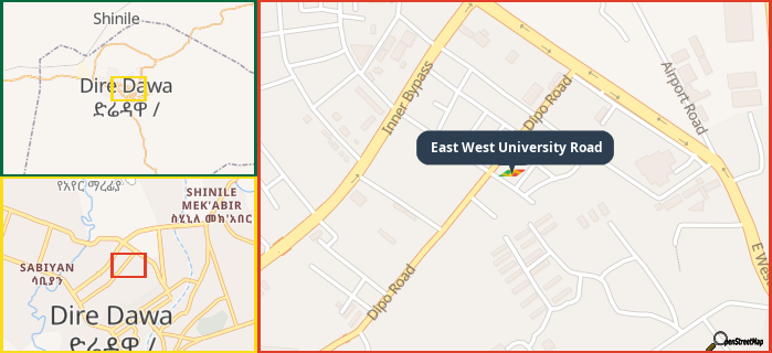 Map showing the address of East West University Road in three different zoom levels.