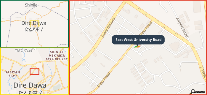 Map showing the address of East West University Road in three different zoom levels.