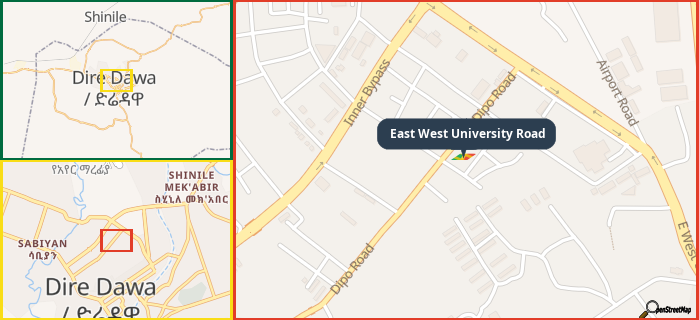 Map showing the address of East West University Road in three different zoom levels.
