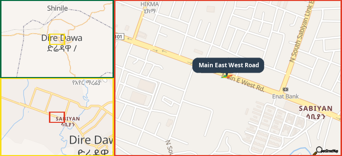 Map showing the address of Main East West Road in three different zoom levels.
