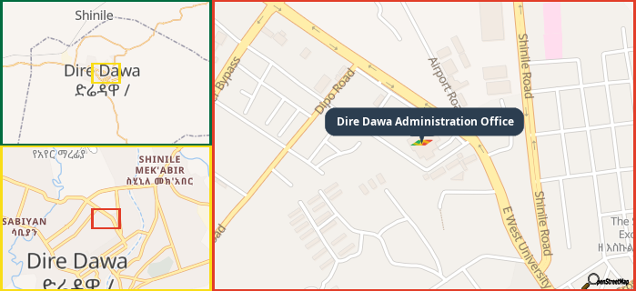 Map showing the address of Dire Dawa Administration Office in three different zoom levels.