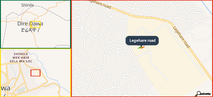 Map showing the address of Legehare road in three different zoom levels.