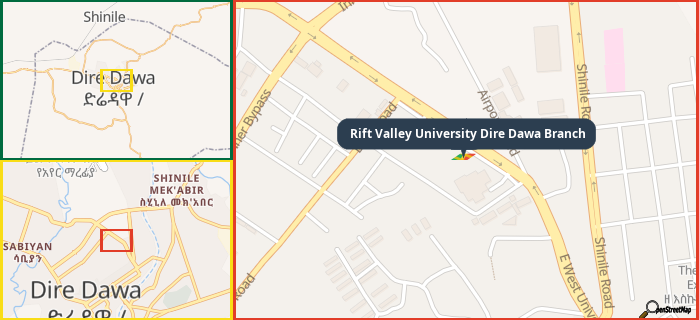 Map showing the address of Rift Valley University Dire Dawa Branch in three different zoom levels.
