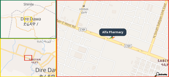 Map showing the address of Alfa Pharmacy in three different zoom levels.