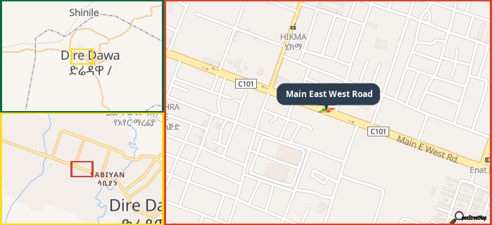 Map showing the address of Main East West Road in three different zoom levels.