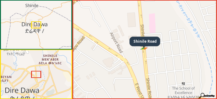 Map showing the address of Shinile Road in three different zoom levels.