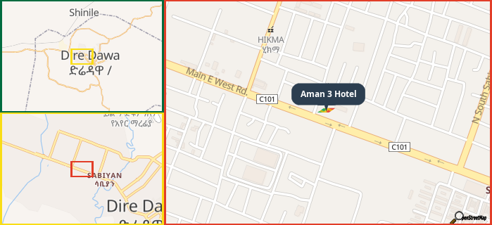 Map showing the address of Aman 3 Hotel in three different zoom levels.