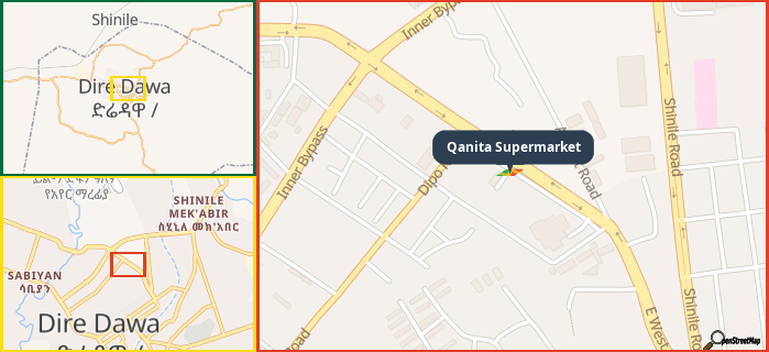Map showing the address of Qanita Supermarket in three different zoom levels.