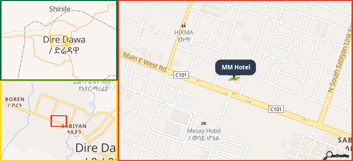 Map showing the address of MM Hotel in three different zoom levels.