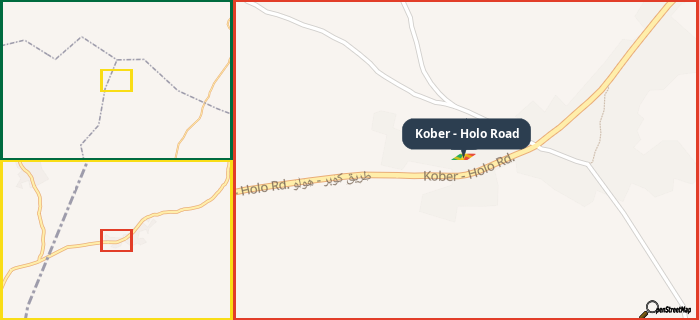 Map showing the address of Kober - Holo Road in three different zoom levels.