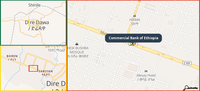 Map showing the address of Commercial Bank of Ethiopia in three different zoom levels.