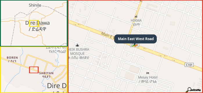 Map showing the address of Main East West Road in three different zoom levels.