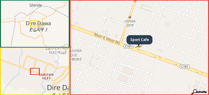 Map showing the address of Sport Cafe in three different zoom levels.
