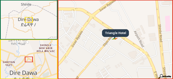 Map showing the address of Triangle Hotel in three different zoom levels.
