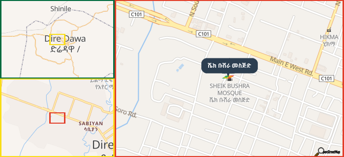 Map showing the address of ሼክ ቡሽራ መስጅድ in three different zoom levels.