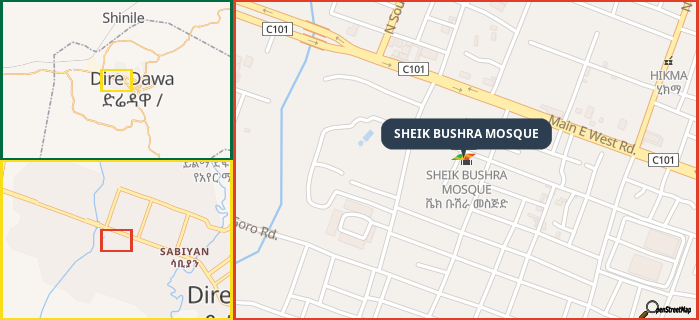 Map showing the address of SHEIK BUSHRA MOSQUE in three different zoom levels.