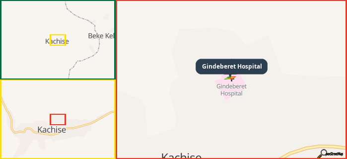 Map showing the address of Gindeberet Hospital in three different zoom levels.