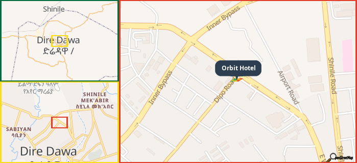 Map showing the address of Orbit Hotel in three different zoom levels.